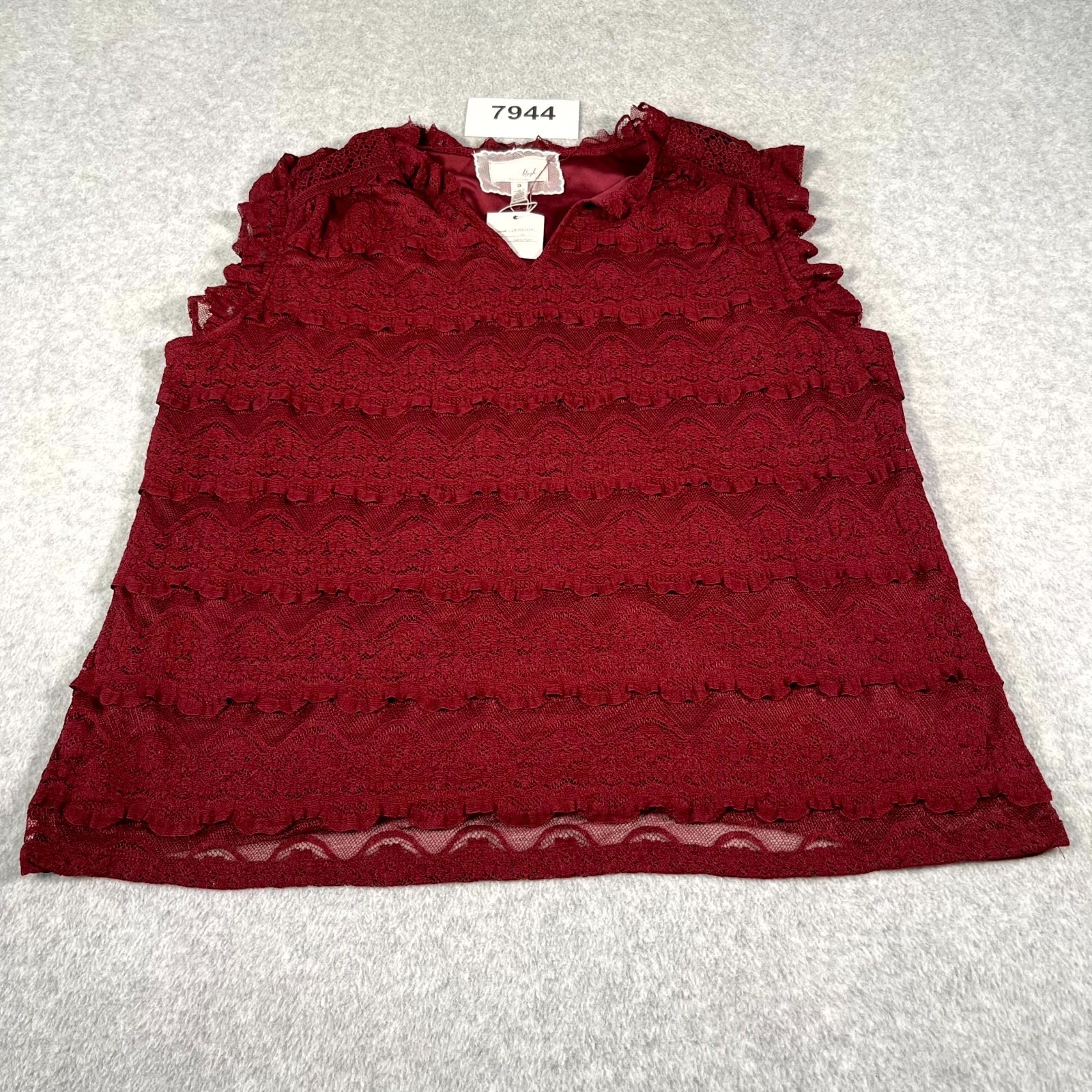 Cupio Blush Lace Blouse Top Womens 2x Burgundy Nylon V Neck Ruffle Casual Tiered